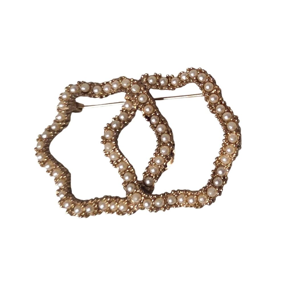 Vintage LEDO Double Swirl Gold and Faux Pearl Brooch Art Deco Pin